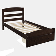 DreamHaus platform storage bed frame with built-in drawers, wood slat support, no box spring needed, in a modern bedroom setting.