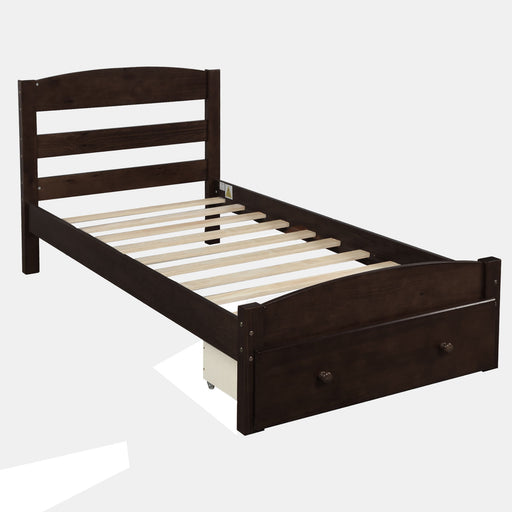 DreamHaus platform storage bed frame with built-in drawers, wood slat support, no box spring needed, in a modern bedroom setting.