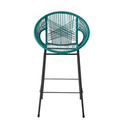 Set of two Noble House Ferrara outdoor patio barstools with metal frames and woven rattan seats, perfect for outdoor dining.