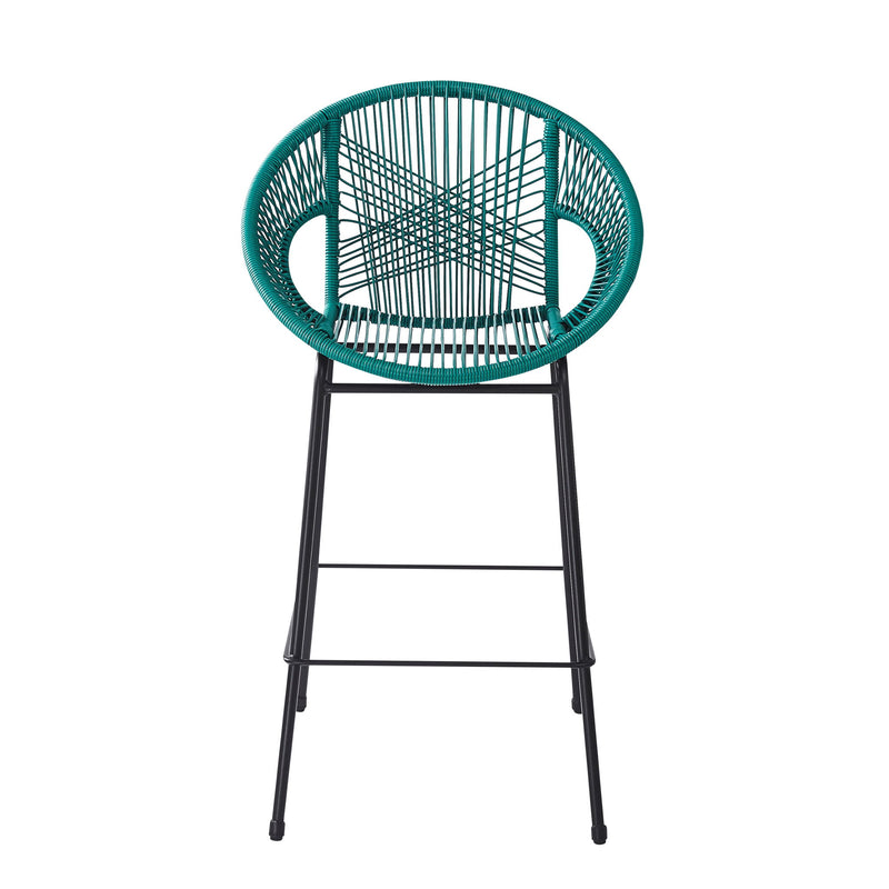 Set of two Noble House Ferrara outdoor patio barstools with metal frames and woven rattan seats, perfect for outdoor dining.