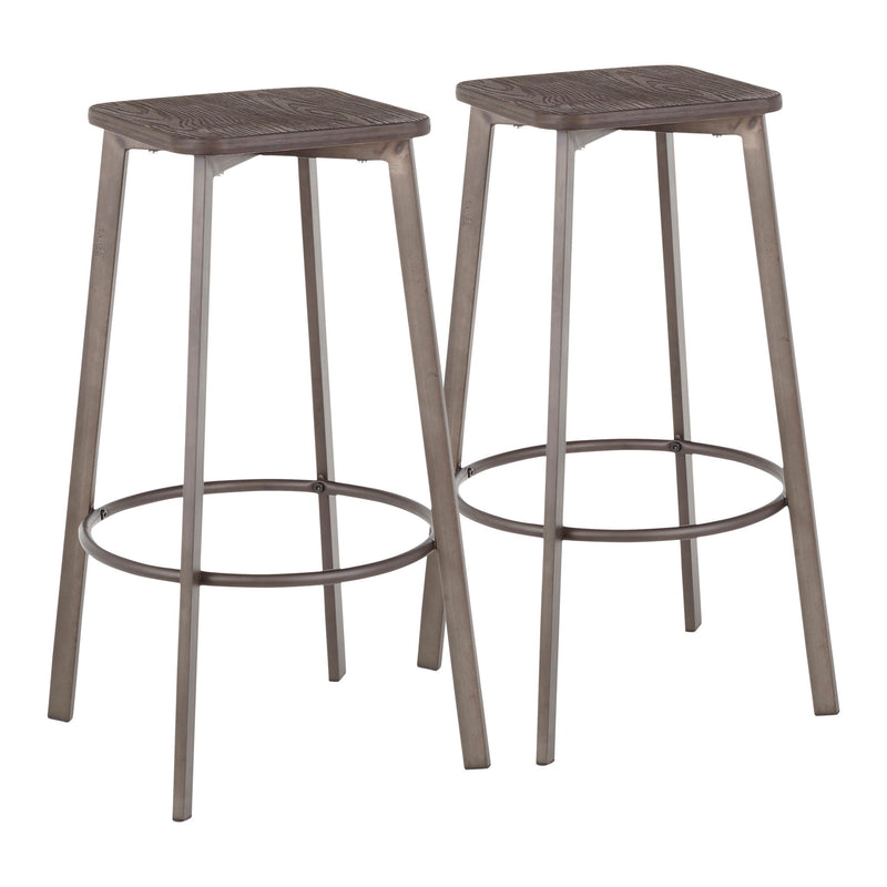 Set of two Lumi Source Clara industrial square barstools in espresso finish, showcasing modern metal and wood design.