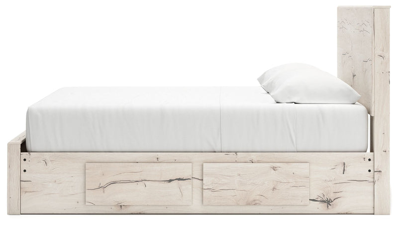 Signature Design by Ashley Lawroy panel storage bed with built-in drawers and a modern wood finish, showcasing its sleek design.