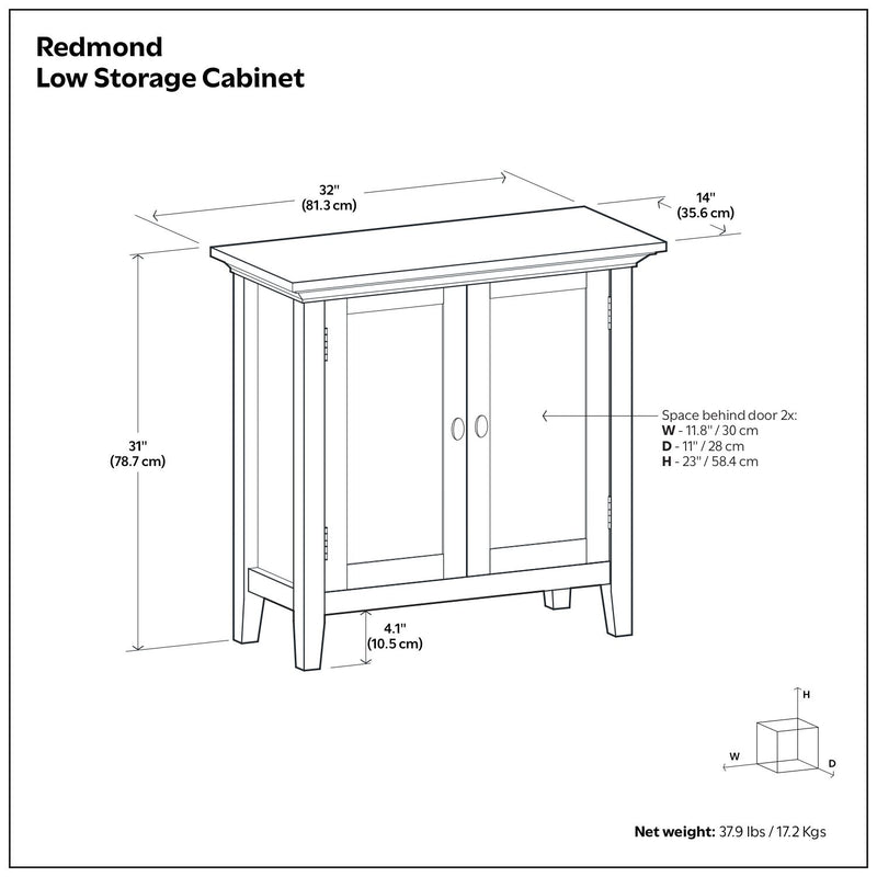 Simpli-Home Redmond low storage accent cabinet in brunette brown with a sleek, modern design and storage compartments.
