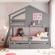 DreamHaus bunk bed with a playful house roof, window, and sturdy wooden frame, ideal for children's bedrooms.