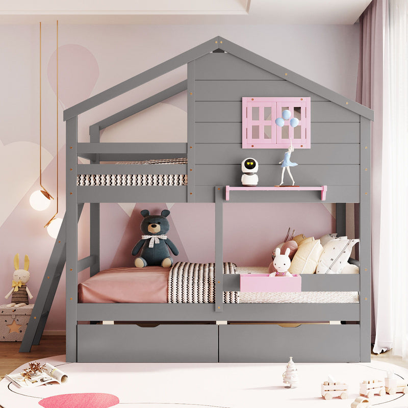 DreamHaus bunk bed with a playful house roof, window, and sturdy wooden frame, ideal for children's bedrooms.