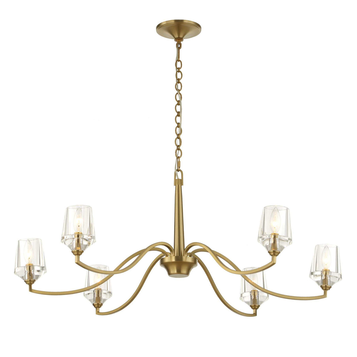 Uttermost Barcelona 6-light brass chandelier with gold finish, featuring elegant metal arms and classic design.