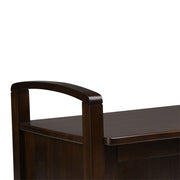 Handcrafted Warm Shaker entryway storage bench by Simpli-Home with wooden finish and cushioned seat, ideal for entryway organization.