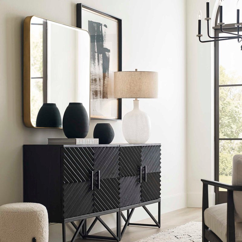 Uttermost Mystere framed contemporary canvas art in black featuring abstract modern design, ready to hang wall decor.