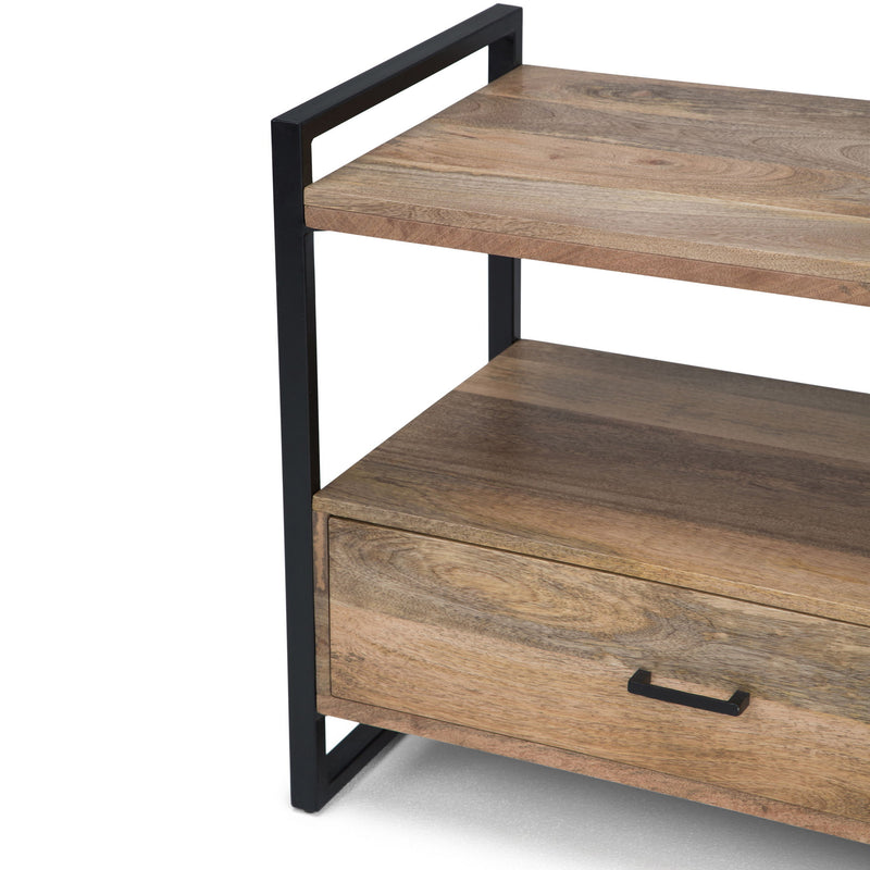 Simpli-Home Riverside TV media stand in natural wood finish, featuring open shelves and storage compartments for electronics.