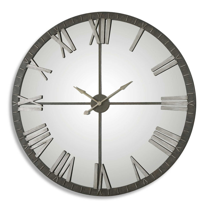Uttermost Amelie large bronze wall clock with round face and decorative metal frame, stylish home decor clock.
