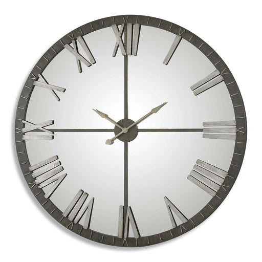 Uttermost Amelie large bronze wall clock with round face and decorative metal frame, stylish home decor clock.