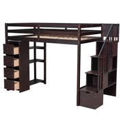 DreamHaus loft bed with built-in storage drawers, stairs with shelves, and a sturdy wooden frame for space-saving bedroom decor.