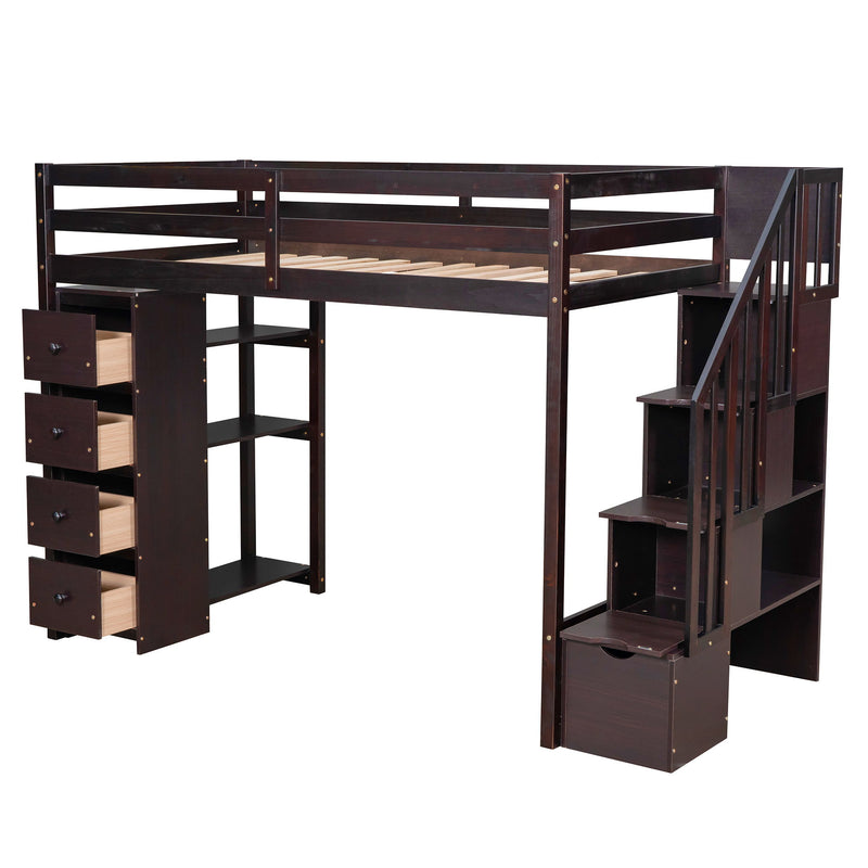 DreamHaus loft bed with built-in storage drawers, stairs with shelves, and a sturdy wooden frame for space-saving bedroom decor.