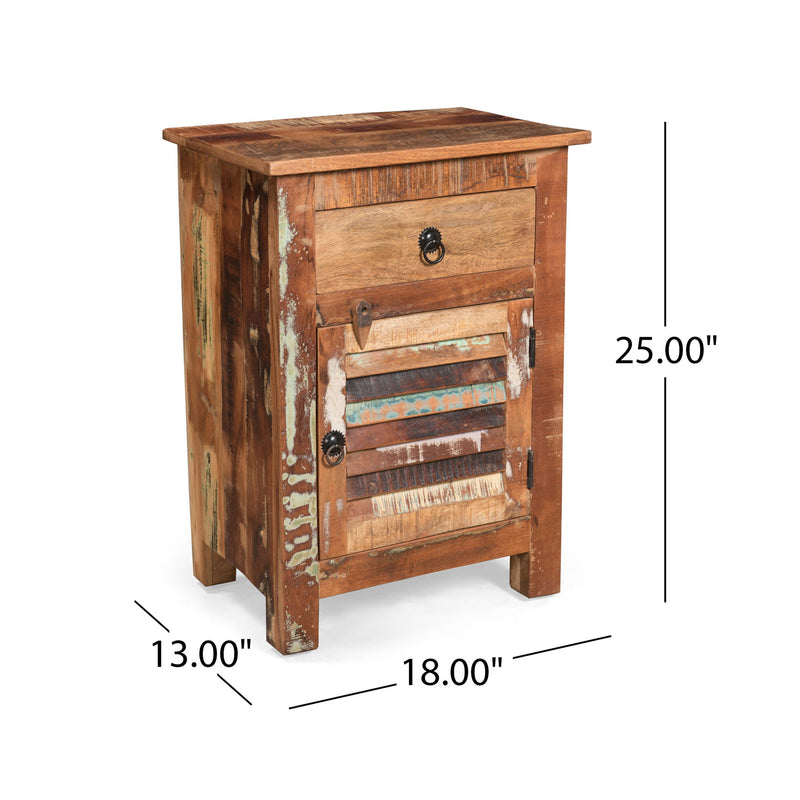Recycled wood side table with drawer and door by Noble House, natural finish, featuring a rustic design and storage space.