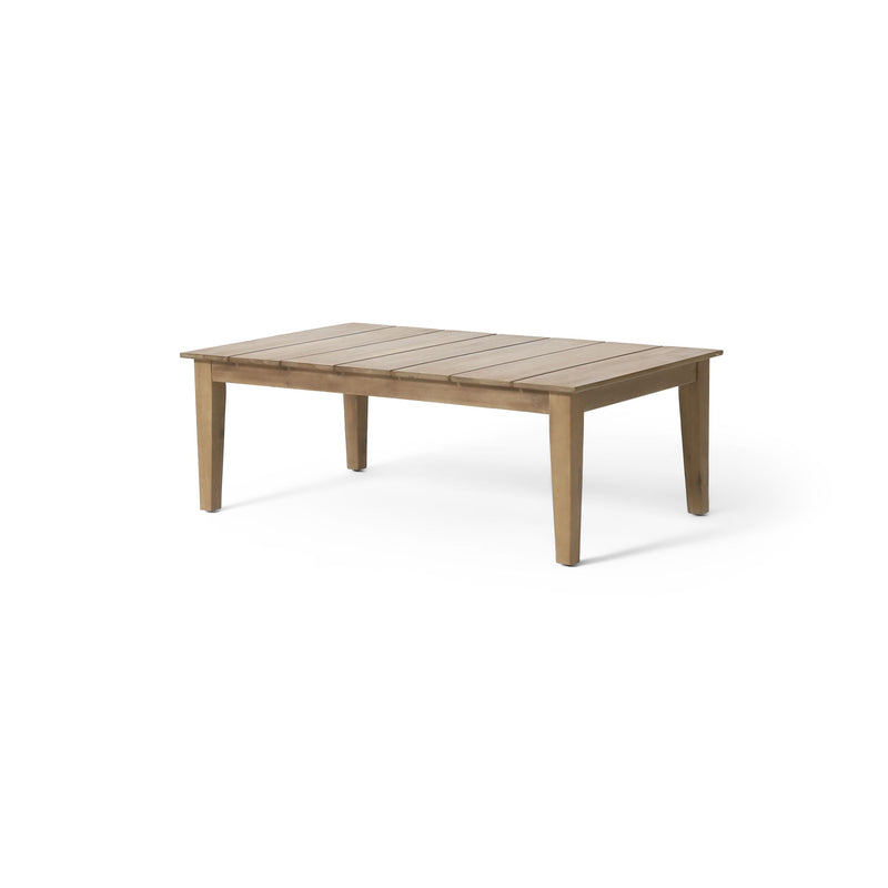 Outdoor coffee table with slat panel top in light brown from Noble House, suitable for patio or garden seating areas.