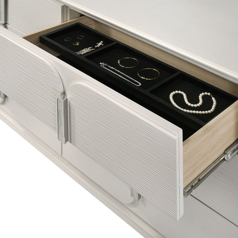 ACME Laveda dresser in pearl white, modern wooden storage unit with sleek drawers and stylish design for bedroom decor.