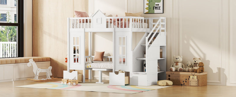 DreamHaus twin over twin bunk bed with changeable table, featuring upper bed and down desk for versatile space-saving sleeping and study area.