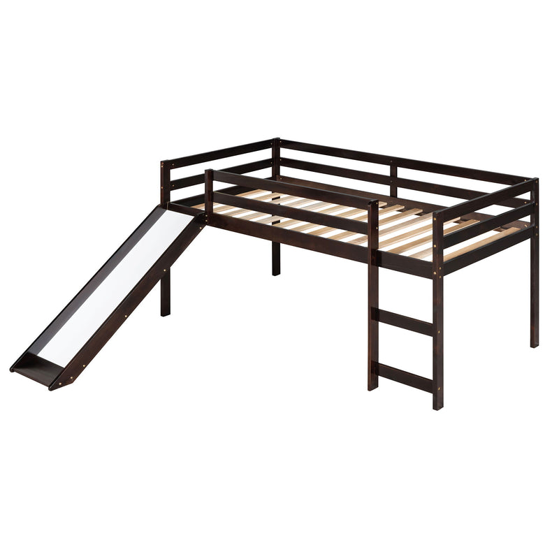 DreamHaus loft bed with slide, featuring multifunctional design and space-saving structure, ideal for kids' bedrooms