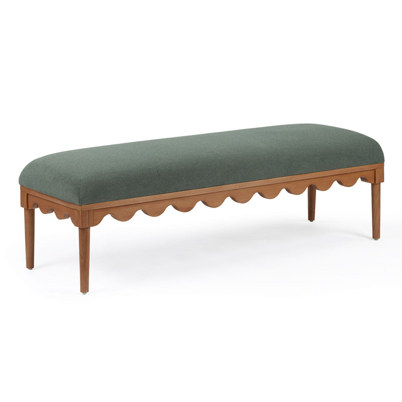Vegan mohair upholstered bench with walnut wood legs by TOV Furniture, showcasing plush fabric and sturdy wooden base.