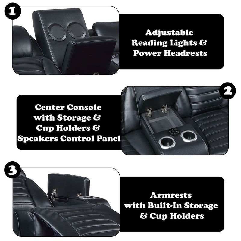 Ephron - Power Motion Loveseat With Console, Power Headrests, LED & Speakers - Black - R&R Furniture Gallery (Fountain Valley, CA)
