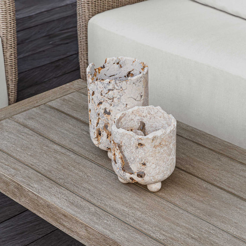 Quarried Stone - Indoor-Outdoor Candleholders (Set of 2) - Brown / White