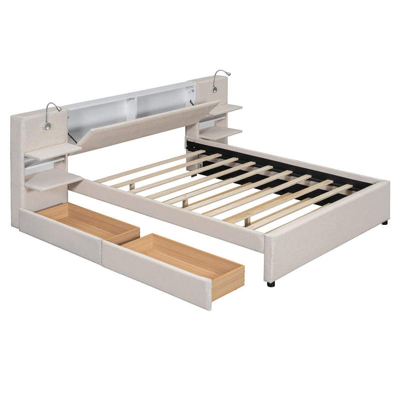 Upholstered Platform Bed With Reading Lights, Drawers, Trundle And Shelves - R&R Furniture Gallery (Fountain Valley, CA)