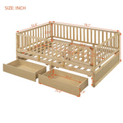 DreamHaus storage daybed with fence guardrails, two drawers, convertible into independent floor bed and daybed, in a cozy bedroom setting.