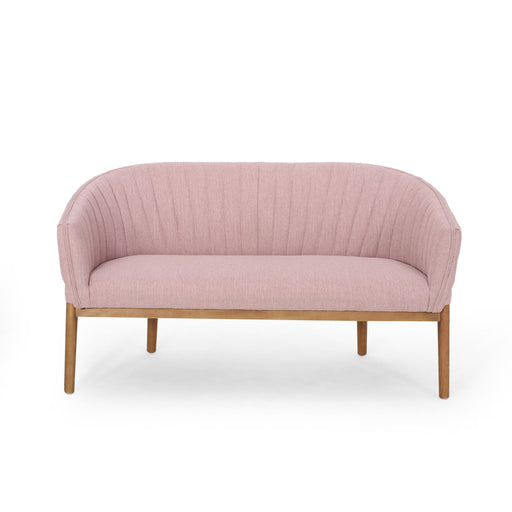 Noble House mid-century modern loveseat with channel-stitched backrest, stationary design, and sleek wooden legs.