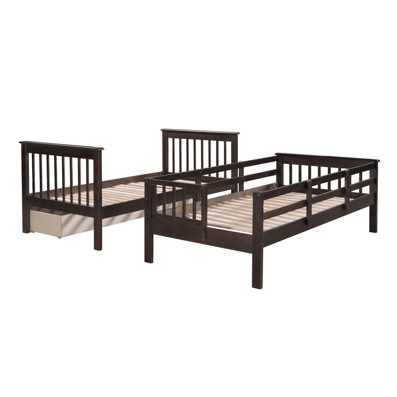 DreamHaus stairway bunk bed with built-in storage drawers and safety guard rails in a bedroom setting.