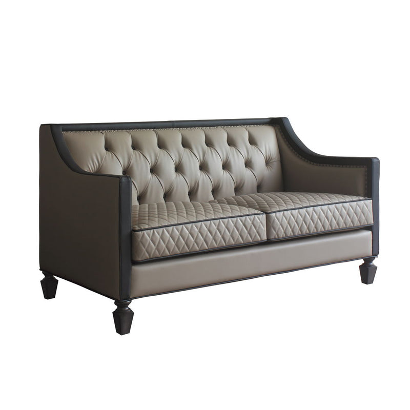 House Beatrice - Loveseat With 3 Pillows - Tan Synthetic Leather , Black Synthetic Leather & Charcoal - R&R Furniture Gallery (Fountain Valley, CA)
