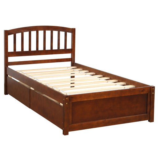 DreamHaus platform storage bed frame with two drawers and headboard, featuring a sturdy wood design and modern style.