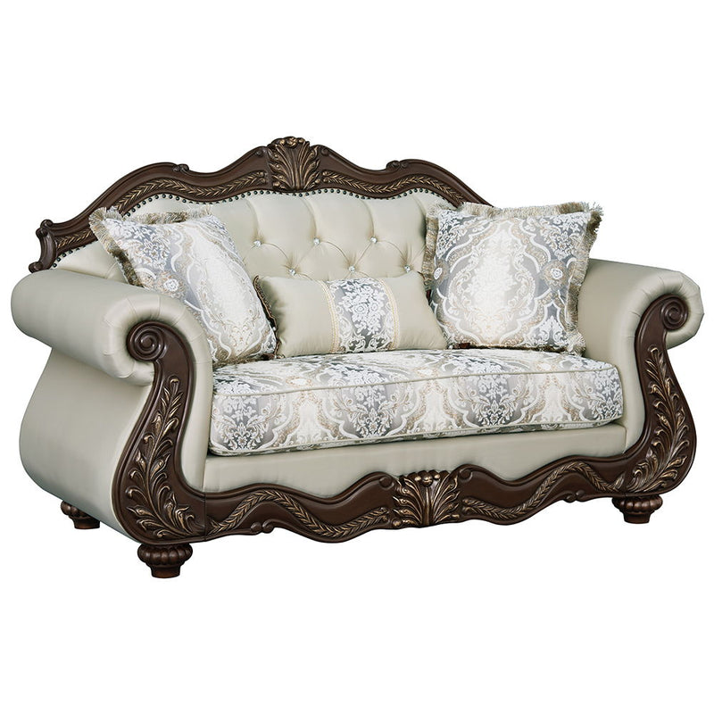 Pierce - Loveseat With 3 Pillows - Beige Fabric & Cherry - R&R Furniture Gallery (Fountain Valley, CA)