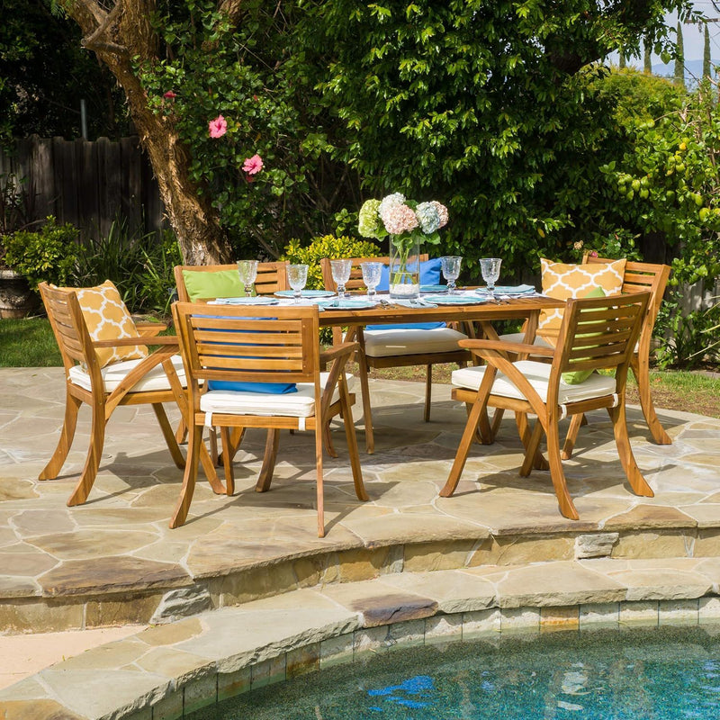 Outdoor Hermosa 7 Piece Wood Dining Set With Cushions - Teak - R&R Furniture Gallery (Fountain Valley, CA)
