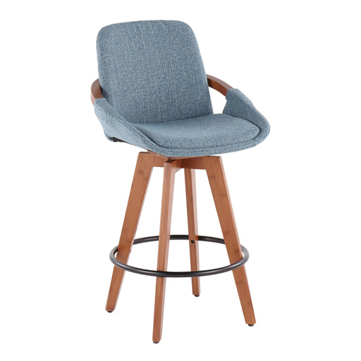 Lumi Source Cosmo mid-century counter stool with wooden legs and upholstered seat, height adjustable from 24 to 27 inches.