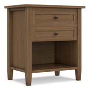 Warm Shaker bedside table by Simpli-Home with two brown drawers and a smooth surface, ideal for bedroom accent furniture.