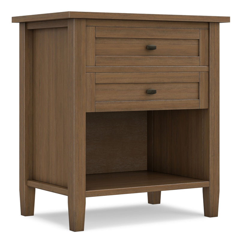 Warm Shaker bedside table by Simpli-Home with two brown drawers and a smooth surface, ideal for bedroom accent furniture.