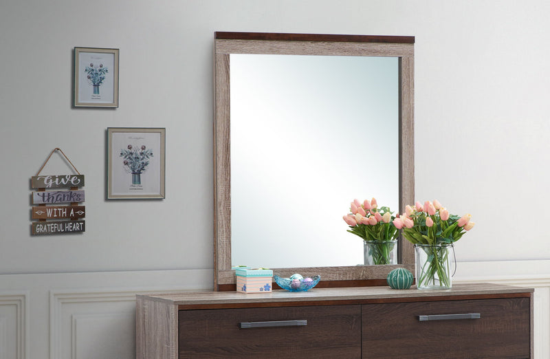 Gray and brown Magnolia mirror by Glory Furniture with a sleek, modern frame, perfect for contemporary home decor.