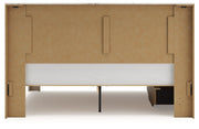 Signature Design by Ashley Lawroy storage panel bed with built-in drawers and modern wood finish, showcasing the bed's storage features.
