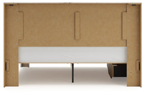 Signature Design by Ashley Lawroy storage panel bed with built-in drawers and modern wood finish, showcasing the bed's storage features.