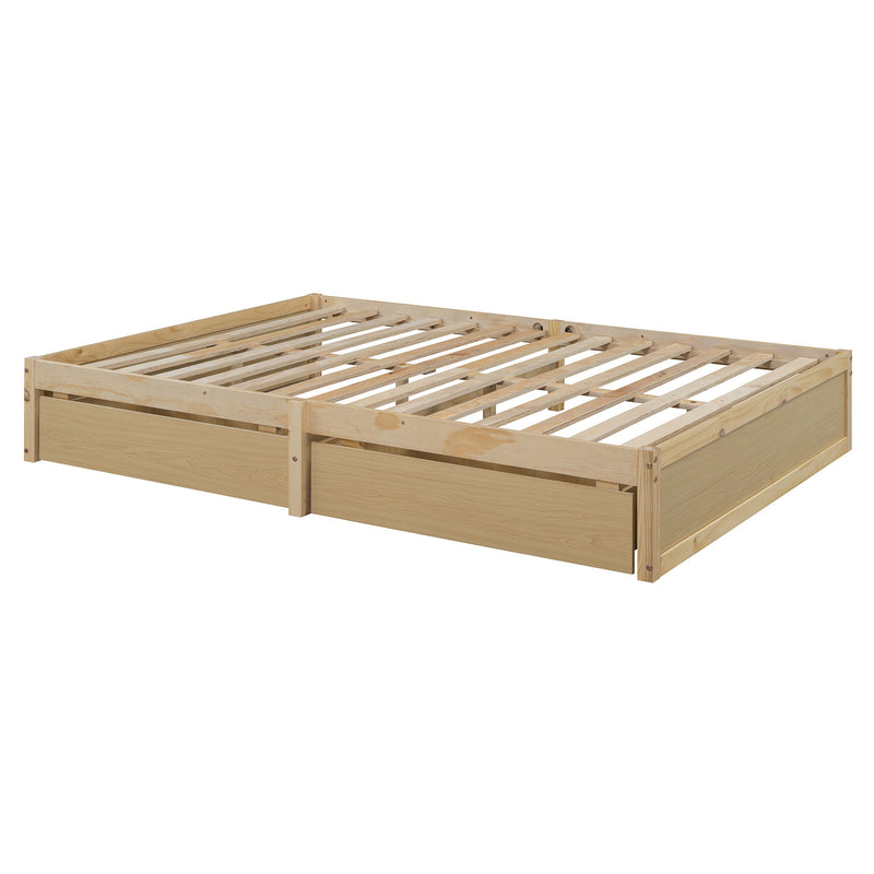 DreamHaus storage daybed with fence guardrails and two drawers, split into a floor bed and daybed, showcasing versatile design and storage.