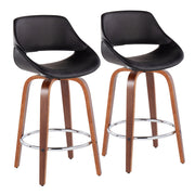 Lumi Source Fabrico mid-century modern fixed height counter stool set with round footrest, featuring sleek wooden legs and cushioned seats.