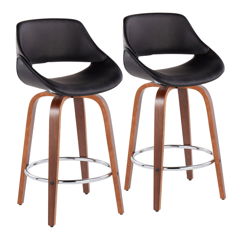 Lumi Source Fabrico mid-century modern fixed height counter stool set with round footrest, featuring sleek wooden legs and cushioned seats.