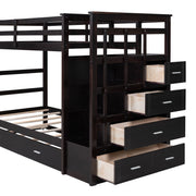 DreamHaus bunk bed with trundle and staircase, featuring sturdy wood construction and space-saving design for kids' bedroom.