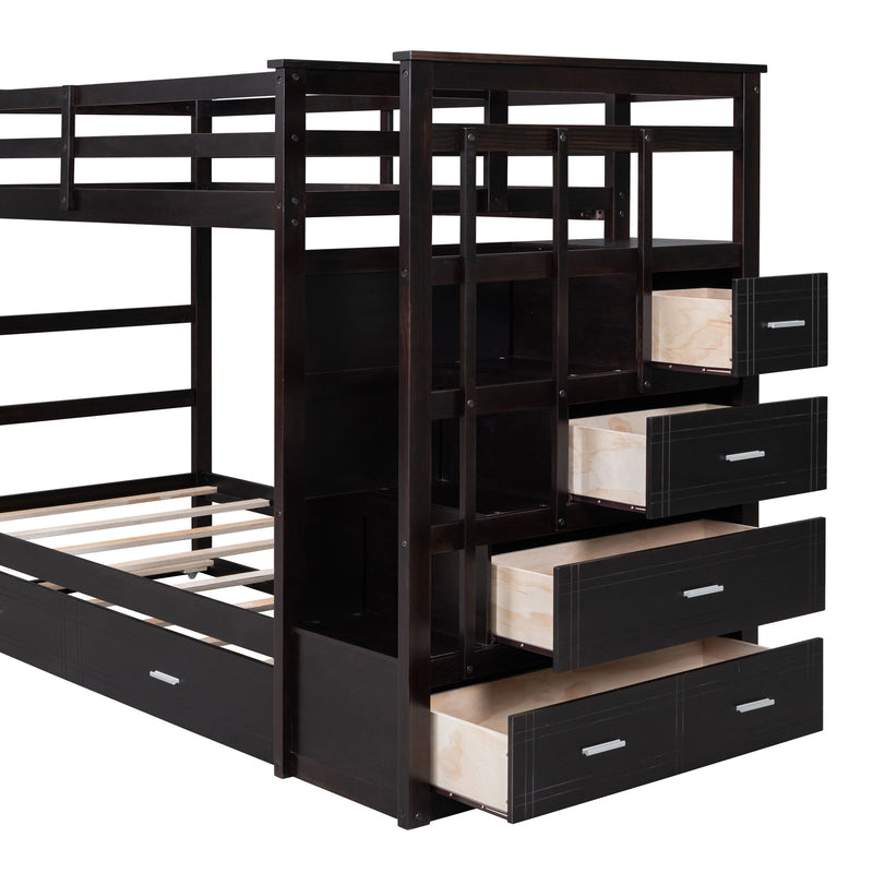 DreamHaus bunk bed with trundle and staircase, featuring sturdy wood construction and space-saving design for kids' bedroom.