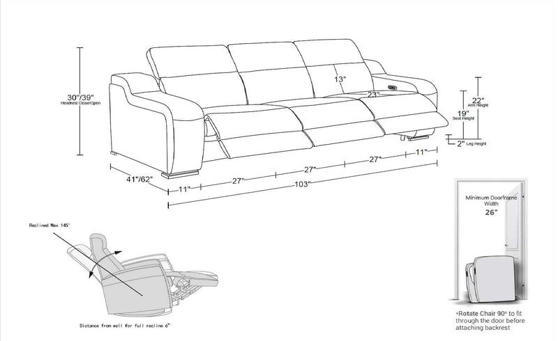 1116 - 3-Piece Modular Power Reclining Sofa In With 3 Power Recliners & Power Headrests