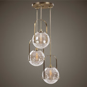 Uttermost Mimas 3-Light Cluster Pendant in gold with modern pendant lighting design, hanging with visible cords and three light fixtures.