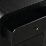 Modern TOV Furniture Hump bedside chest with wood finish and metal handles, featuring two drawers and a compact, stylish design.