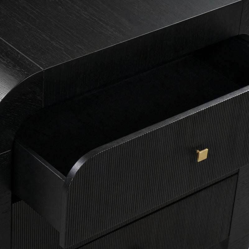 Modern TOV Furniture Hump bedside chest with wood finish and metal handles, featuring two drawers and a compact, stylish design.