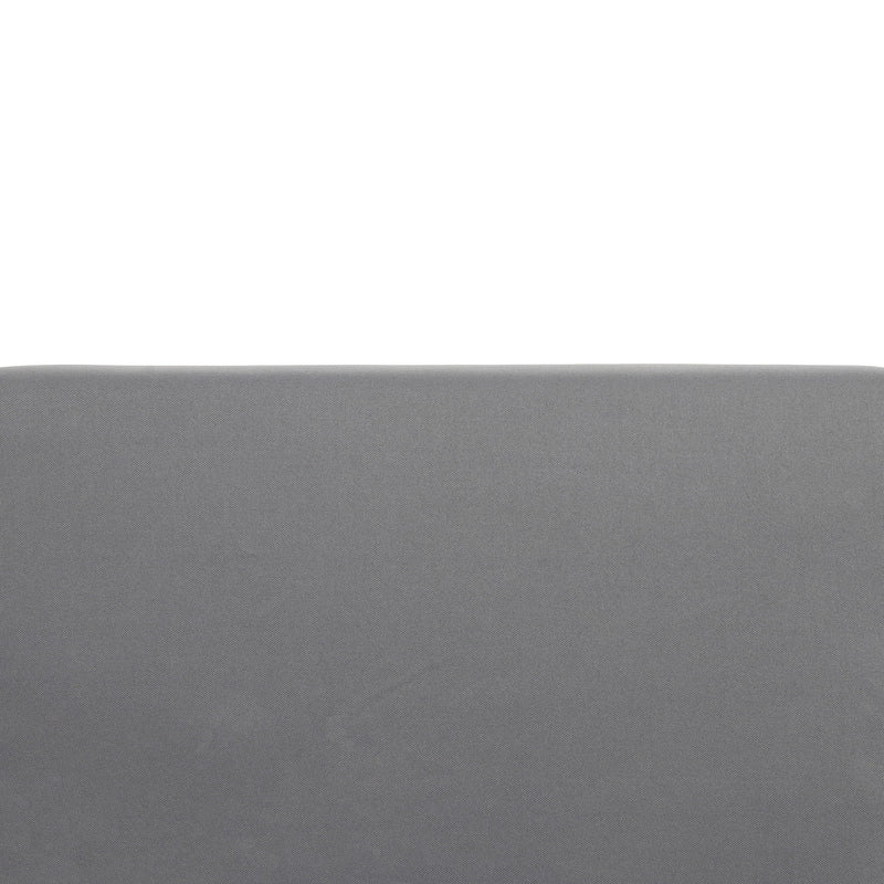 Dark gray outdoor 3 seater sofa with cushions and teak acacia wood frame by Noble House, ideal for patio or garden seating.