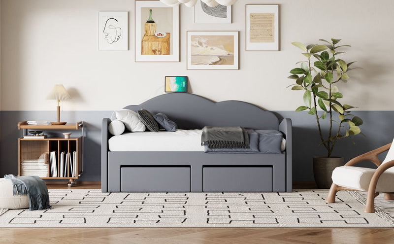Upholstered Daybed With Cloud-Shaped Backrest, Trundle & 2 Drawers And USB Ports - R&R Furniture Gallery (Fountain Valley, CA)